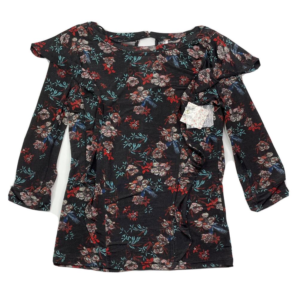 New Free People Dock Street Top Black Red Floral Top Ruffle Size XS NWT